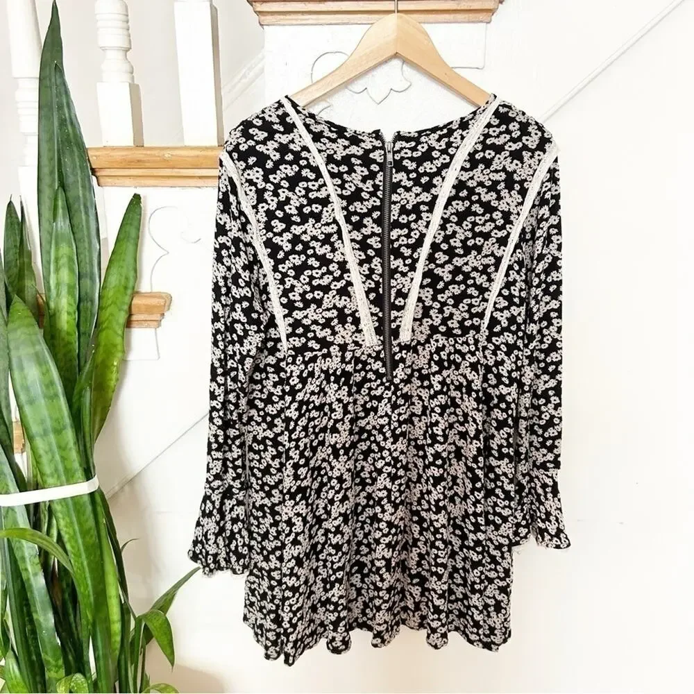 FREE PEOPLE Like You Best Black White Long Sleeve Mini Dress w/ Pockets Size XS